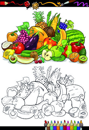 Color with sketch Fruit and vegetables vector 05  