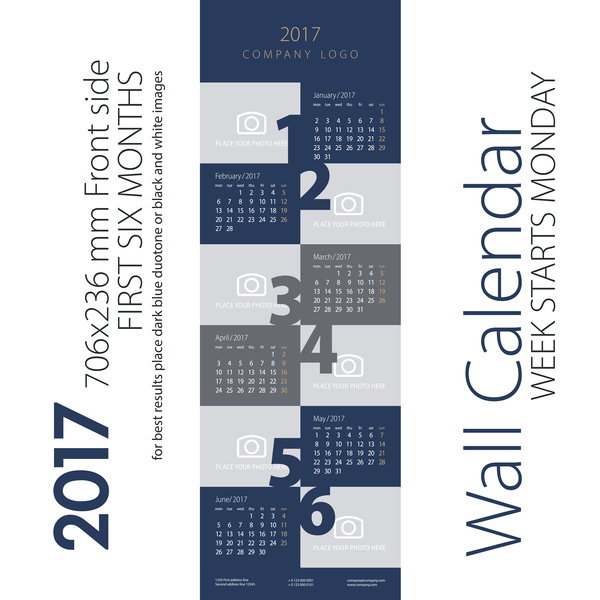Kalender 2017 första sex månaders mörkblå grå vektor  