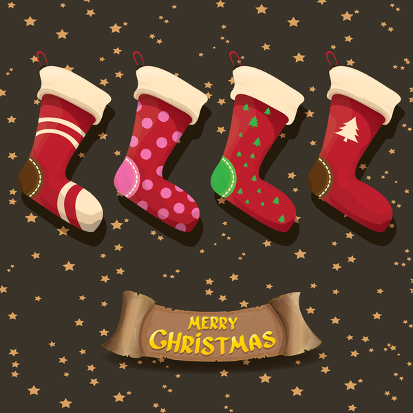 Cartoon christmas socks with retro xmas banner vector 09  