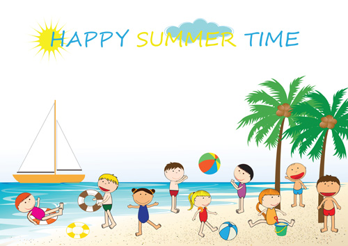 Children and beach summer background vector 02  