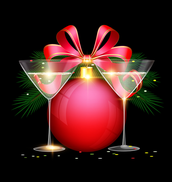 Christmas ball with red ribbon bow and wine vector material 02  