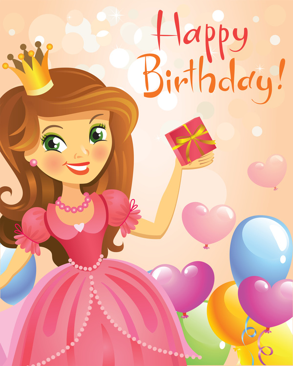 Cute princess with happy birthday backgroud vector 04  