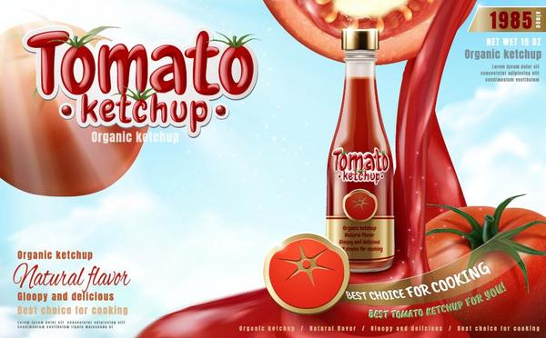 Vecteurs d'affiche délicieux ketchup tomate 03  