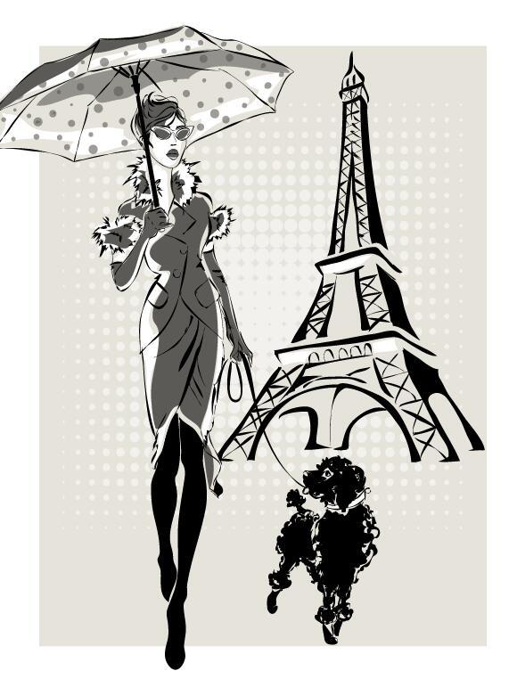 Fashion girl and eiffel tower hand drawing vector 01  