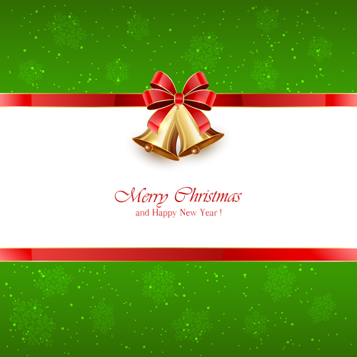Green Christmas background with bells and red bow vector  