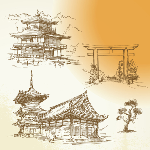 Hand drawn old town vector material set 03  