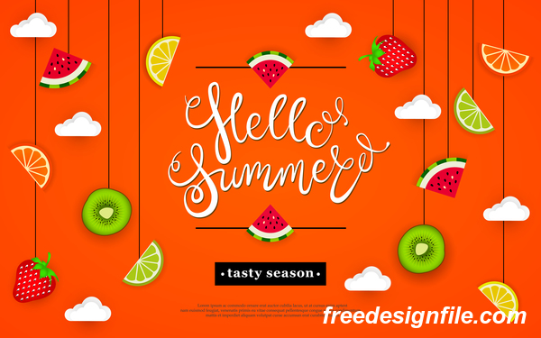Hello summer tasty season with tropical fruits vector 04  