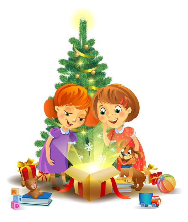 Enfants avec matériel de vecteur de cadeau de Noël 09  