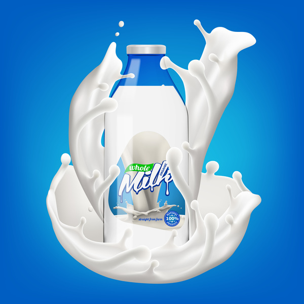 Milchflasche mit spritzender Milch 3d Vektorillustration 02  