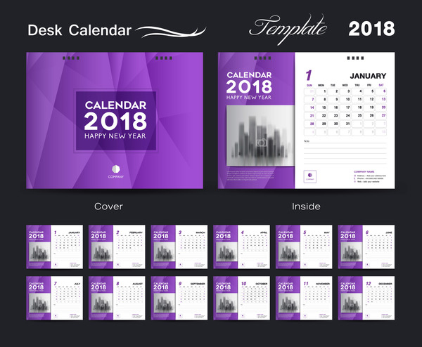 Tischkalender Purpel 2018 mit Abdeckungsschablonenvektor  