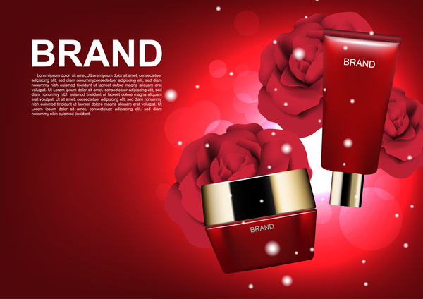 Red cosmetic set with red roses ads template vector 01  