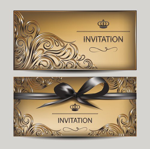 Vintage golden invitation cards with ribbon bow vector  