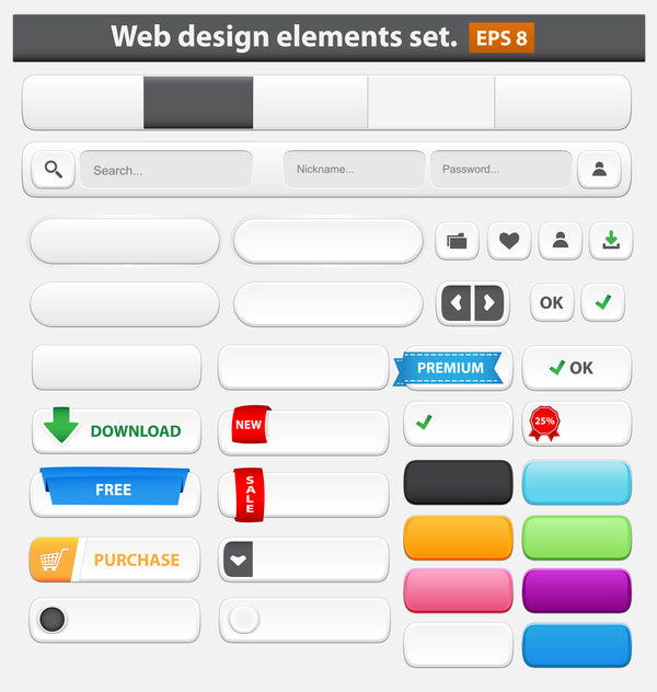 Элементы веб-дизайна с цветным набором кнопок  