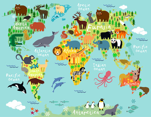Wild animal with world maps vector 02  