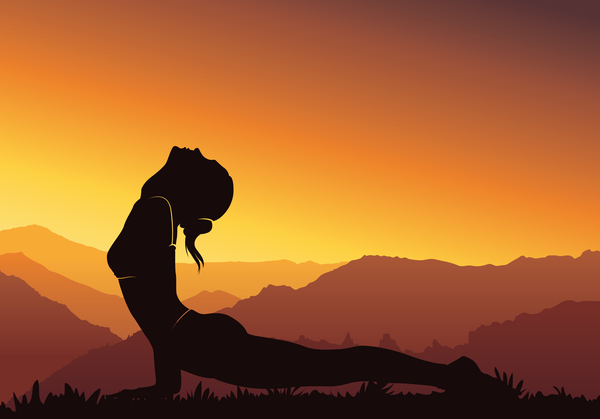 Yogaschattenbild mit Sonnenunterganghintergrundvektor 04  