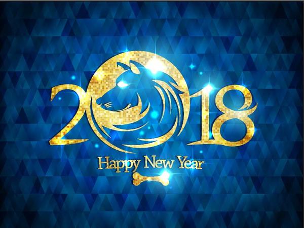 Neues Jahr 2018 mit Hund und blauem Hintergrundvektor  