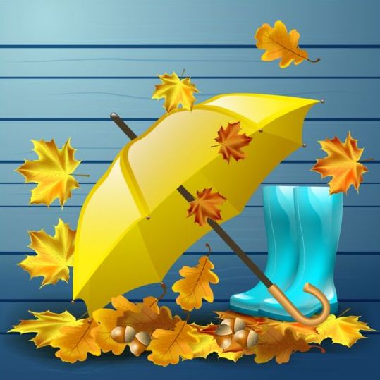 Feuilles d’automne avec des bottes et vecteur de parapluie 04  