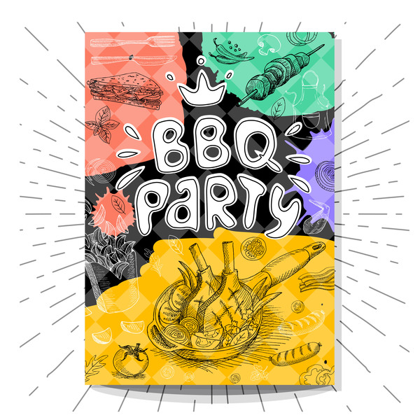 BBO Party Flyer Hand gezeichnete Vorlage Vektoren 07  