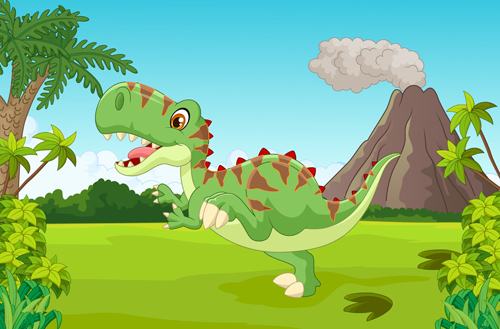Cartoon dinosaurs with natural landscape vector 07  
