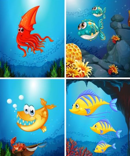 Забавные морские животные мультфильм вектор 04  