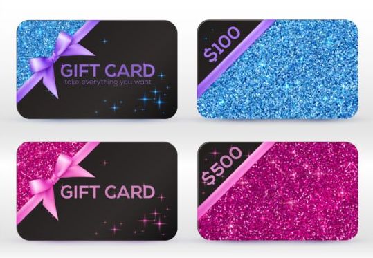 Glitter gift cards with bow vector set 04  