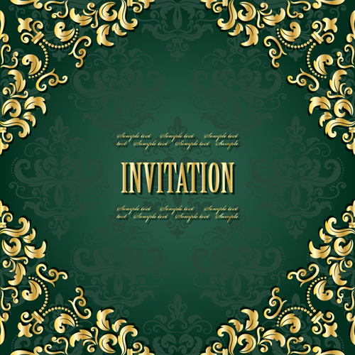 Golden frame with green invitation card vector 04  