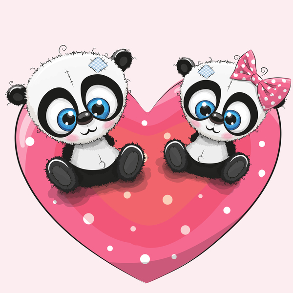 Herz mit niedlichem Pandakarikaturvektor 02  