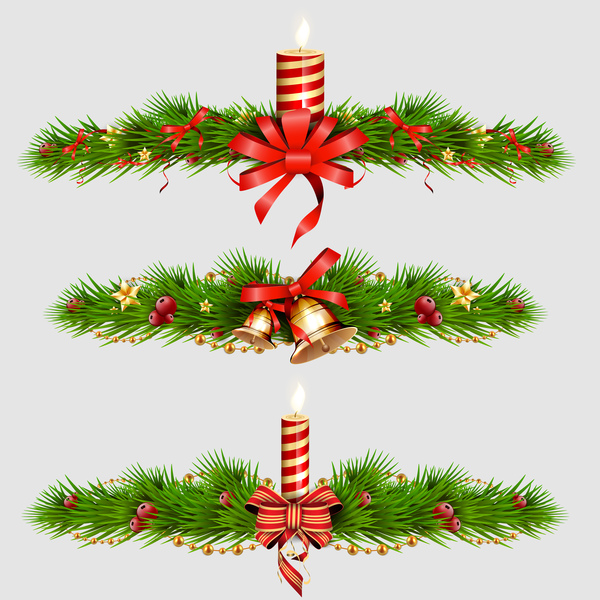 松の枝のキャンドル クリスマスのボーダー装飾的なベクトル  