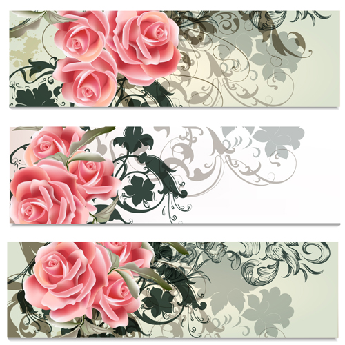 Pink flowers with floral banners vector  
