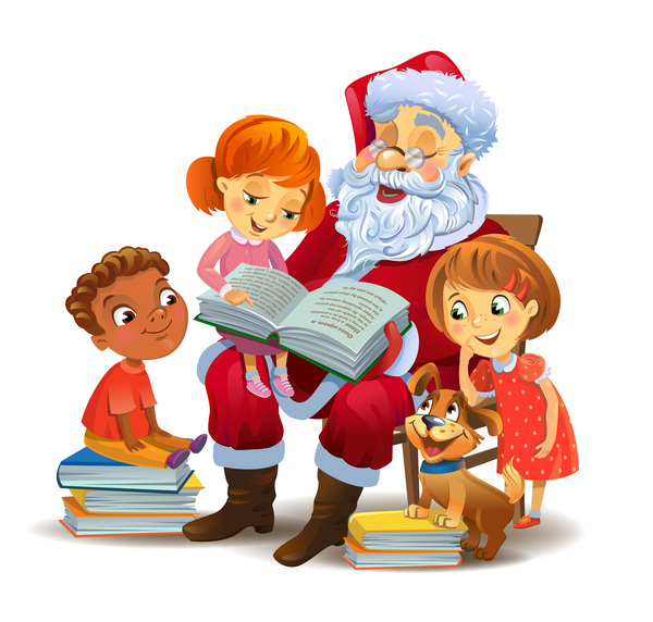 Weihnachtsmann mit Kindern und Buchvektor  