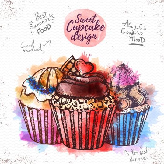Sweet cupcake handritade akvarell vektor 11  