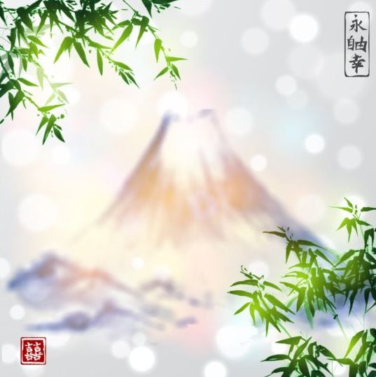 竹の背景ベクトルとぼやけた山の風景  