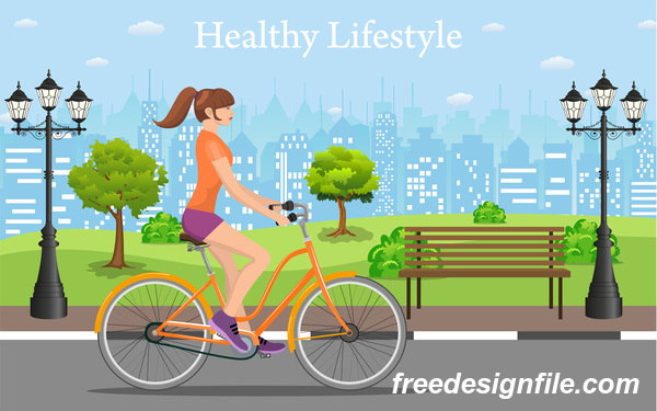 都市の通りの自転車で健康的なライフスタイルベクトル04  