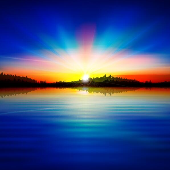 sjö landskap med solnedgång vektor 05  
