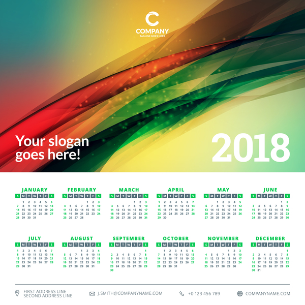 Kalender 2018 mit grünem abstraktem Hintergrundvektor 03  