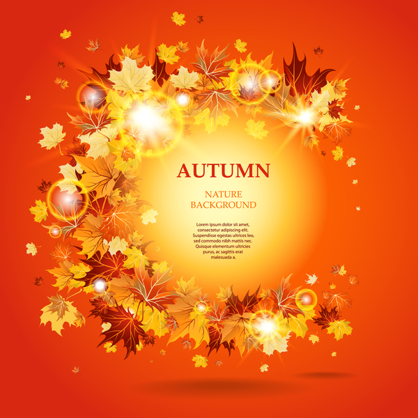 Autumn leaves background with shining light circles vector 01  