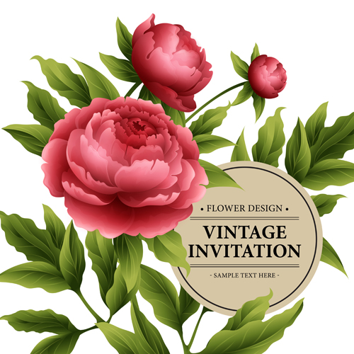 Beautiful flowers with vintage invitation card vectors 03  