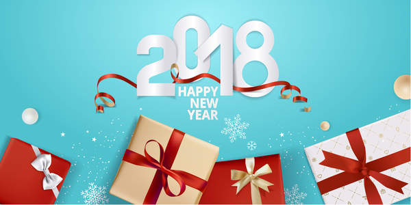 Blauer Hintergrund des neuen Jahres 2018 mit Geschenkvektor 03  