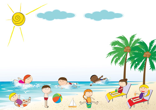 Children and beach summer background vector 01  