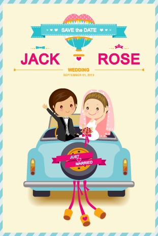 Cute cartoon style wedding invitation card vector 01  