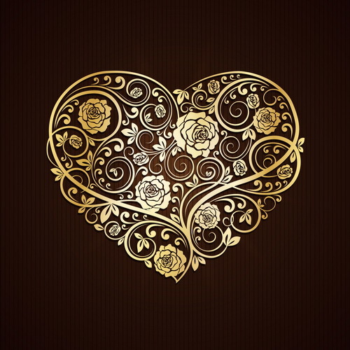 Goldenes Herz mit Blumendekorvektormaterial  