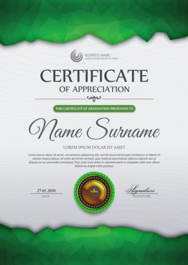Зеленый сертификат шаблона и геометрический вектор формы 01  