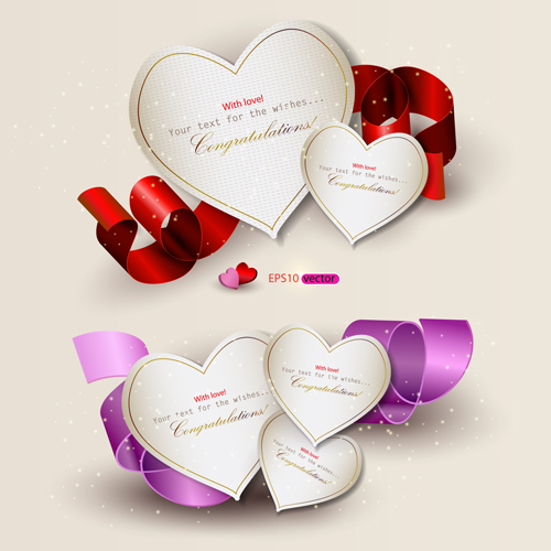Heart and ribbons Valentine cards vector set 02  