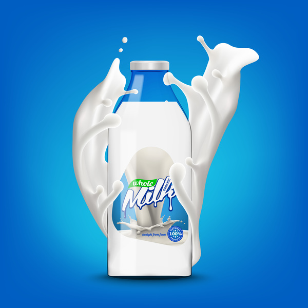 Bouteille de lait avec des éclaboussures de lait 3d vector illustration 01  