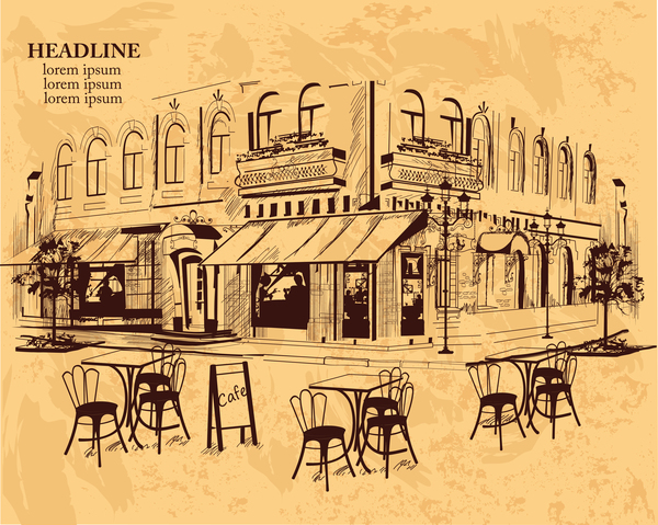 Old city street cafe hand drawing vector 02  