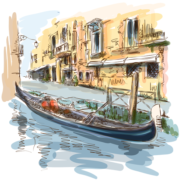 ヴェネツィア イタリア風景手描画ベクトル 01  