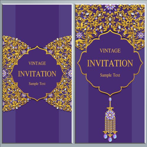 Vintage invitation cards with jewelry decor vector 01  