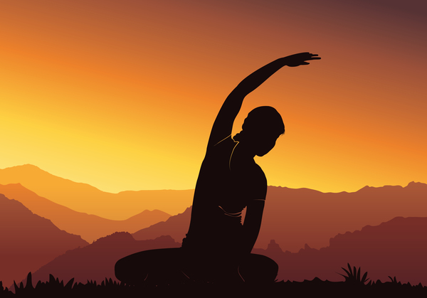 Yogaschattenbild mit Sonnenunterganghintergrundvektor 03  