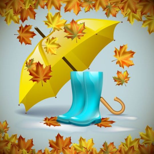 Feuilles d’automne avec des bottes et vecteur de parapluie 03  