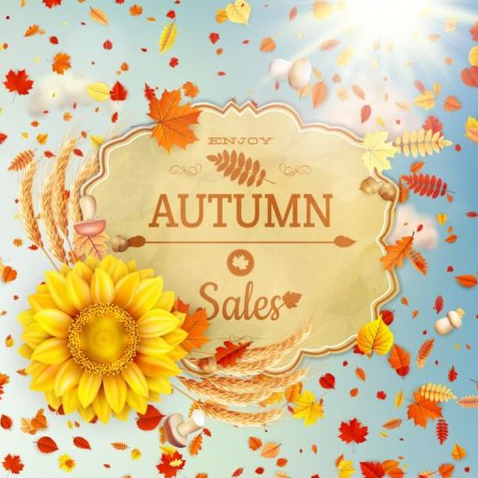 Herbstverkaufsetiketten mit Sonnenblume und Blättergrundvektor 09  